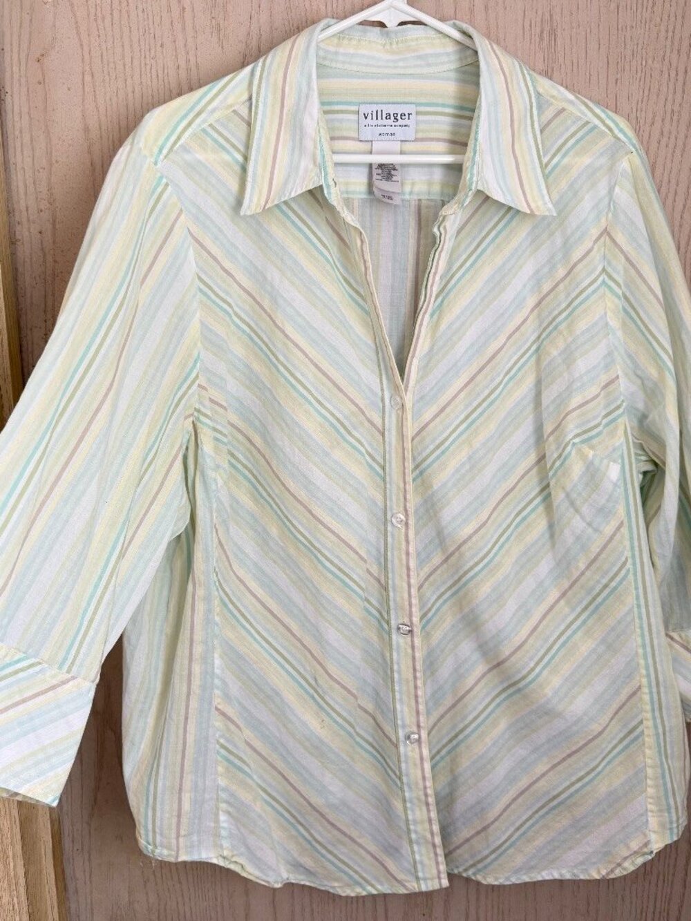 Villager Striped Cotton Button Down Shirt 22W 3/4 Sleeve Office Business Casual